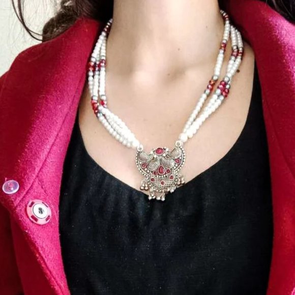 Pearls Beaded Chain Jewelry Set, Tribal Jewelry Set, Beaded Chain Pendant Neckla - Picture 2 of 10